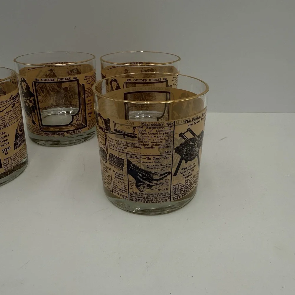 4-Vintage 1972 Montgomery Ward Golden Jubilee‎ Whiskey Rocks Glasses Gold Rim
